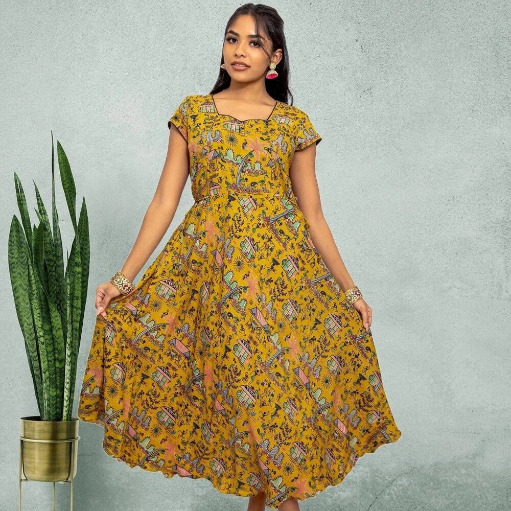 Yellow Knee-Length Dress | Tranquil Threads | Muvvas Boutique